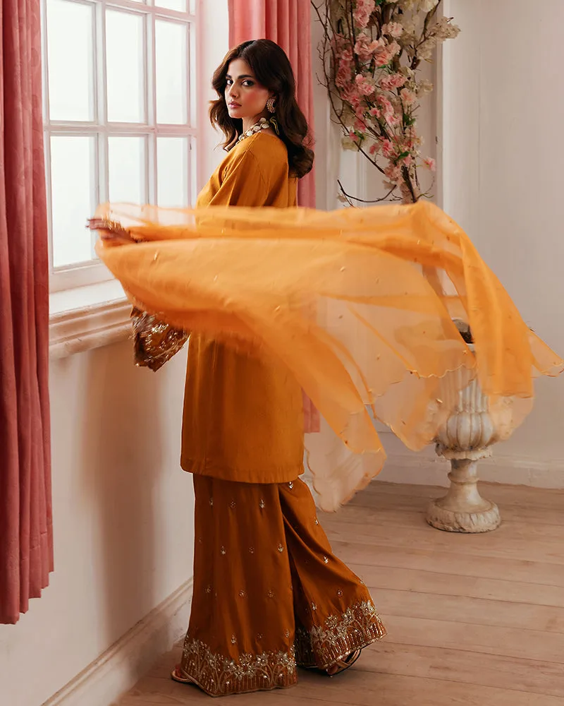 Pinkish orange three‑piece silk suit with organza dupatta and sequin detailing – view 2 – Poshaq