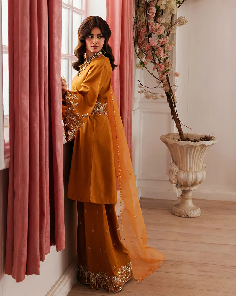 Pinkish orange three‑piece silk suit with organza dupatta and sequin detailing – view 3 – Poshaq