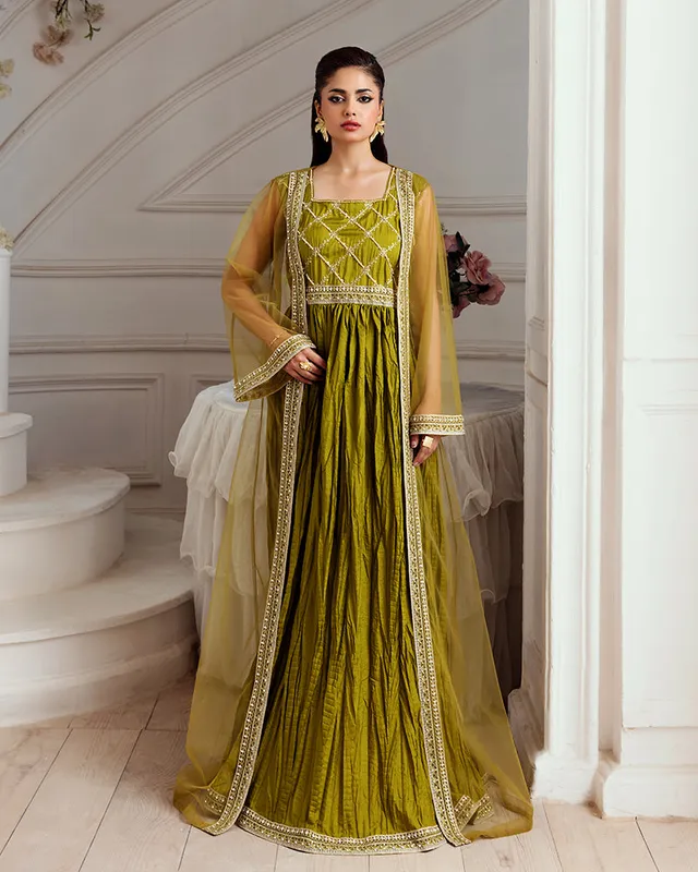 Mustard dress with raw silk and chiffon layers – view 1 – Poshaq