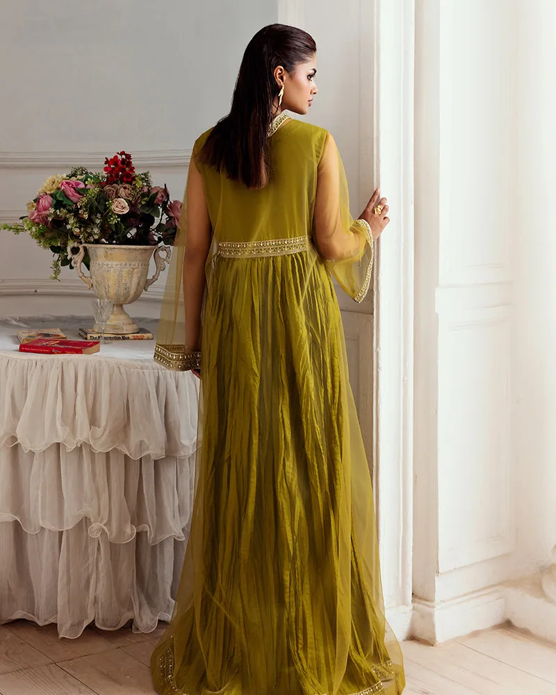 Mustard dress with raw silk and chiffon layers – view 2 – Poshaq
