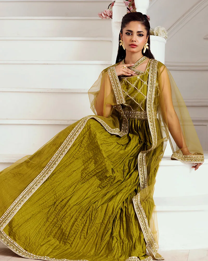 Mustard dress with raw silk and chiffon layers – view 3 – Poshaq