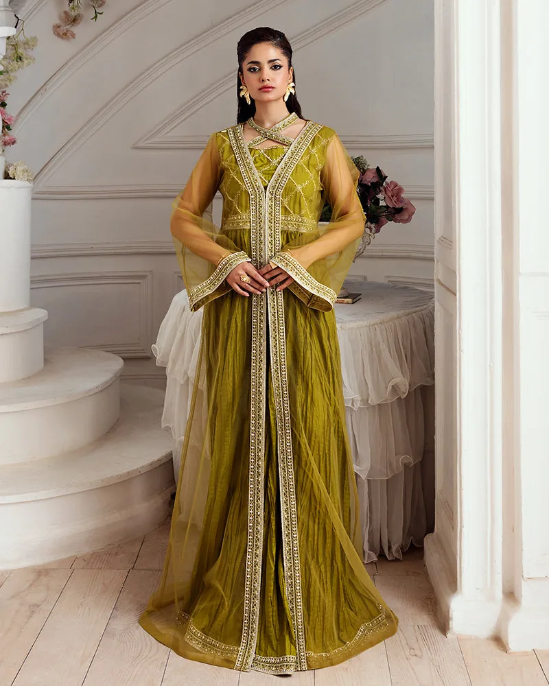 Mustard dress with raw silk and chiffon layers – view 4 – Poshaq