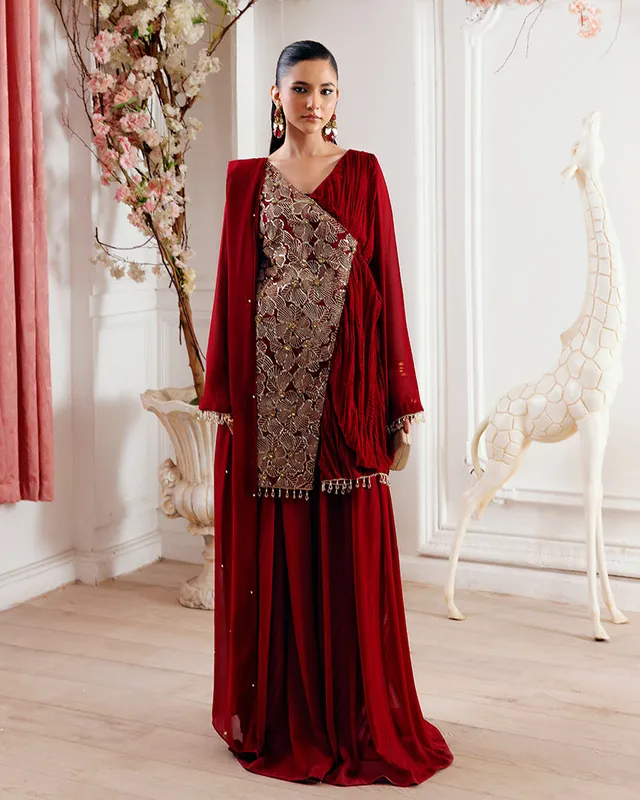 Red chiffon suit with banarsi lining and pearl‑embellished dupatta – view 1 – Poshaq