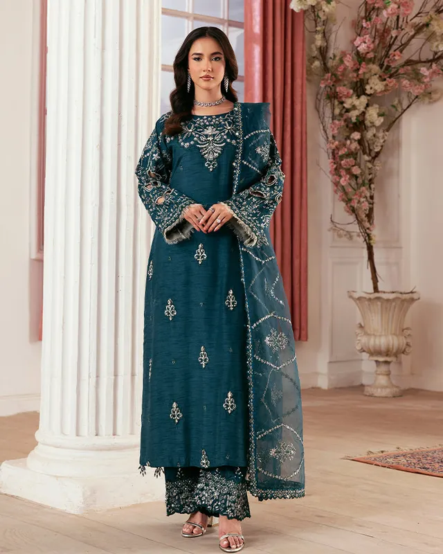 Teal green long shirt with embroidered raw silk and a sequin‑embellished organza dupatta – view 1 – Poshaq