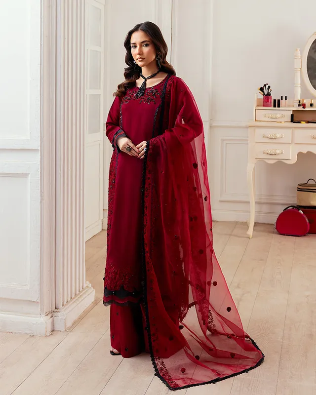 Red formal 3‑piece set with silk shirt, organza dupatta and palazzo trousers – view 1 – Poshaq