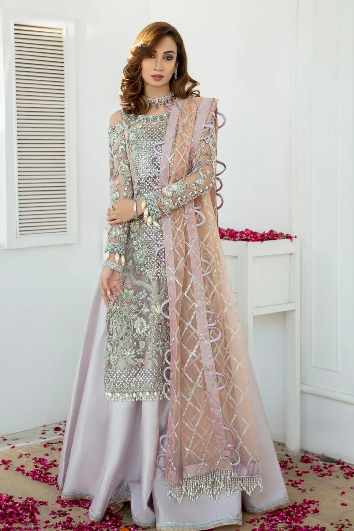 Off‑white bridal sharara set with dabka and glass bead detailing – view 1 – Poshaq