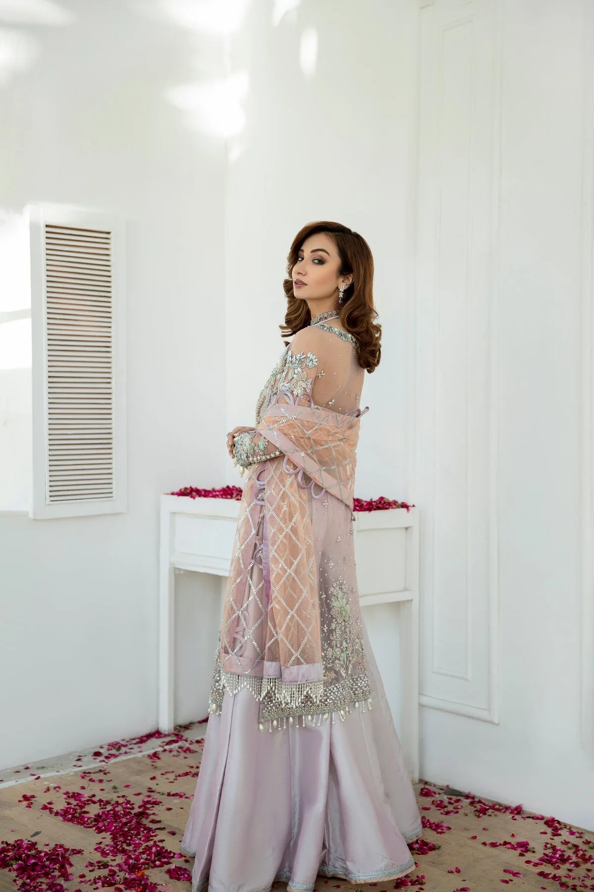 Off‑white bridal sharara set with dabka and glass bead detailing – view 4 – Poshaq