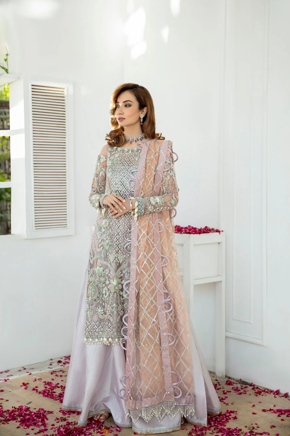 Off‑white bridal sharara set with dabka and glass bead detailing – view 5 – Poshaq