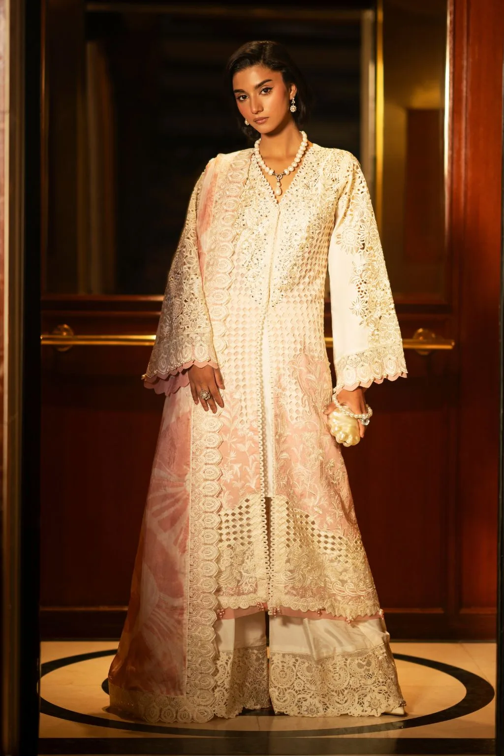 Ivory gold silk three‑piece suit with cutwork embroidery – view 1 – Poshaq