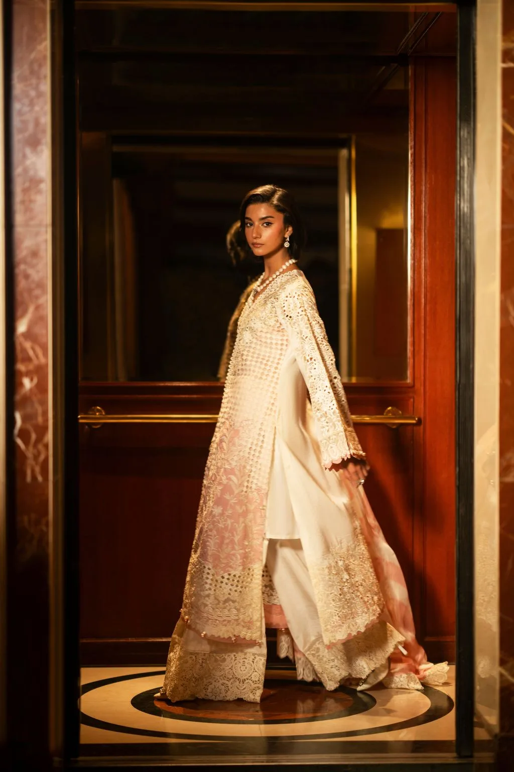 Ivory gold silk three‑piece suit with cutwork embroidery – view 2 – Poshaq