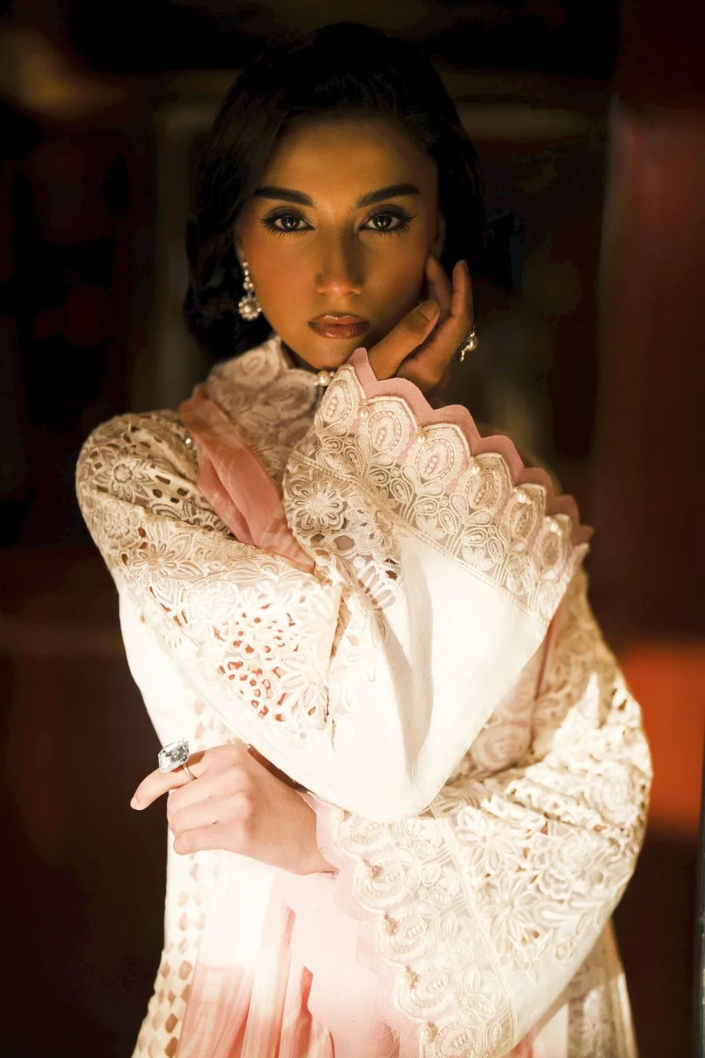 Ivory gold silk three‑piece suit with cutwork embroidery – view 3 – Poshaq