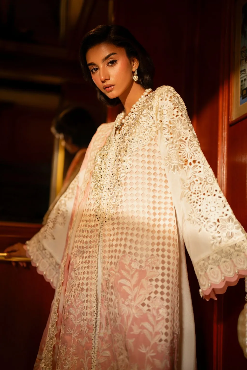 Ivory gold silk three‑piece suit with cutwork embroidery – view 4 – Poshaq