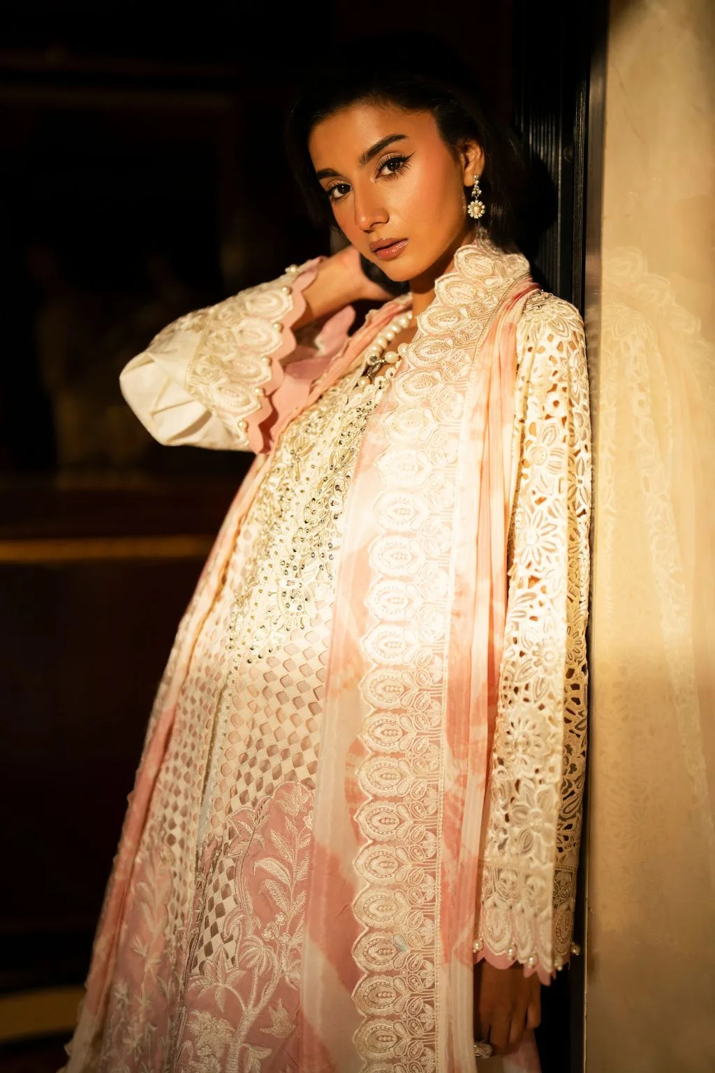 Ivory gold silk three‑piece suit with cutwork embroidery – view 5 – Poshaq