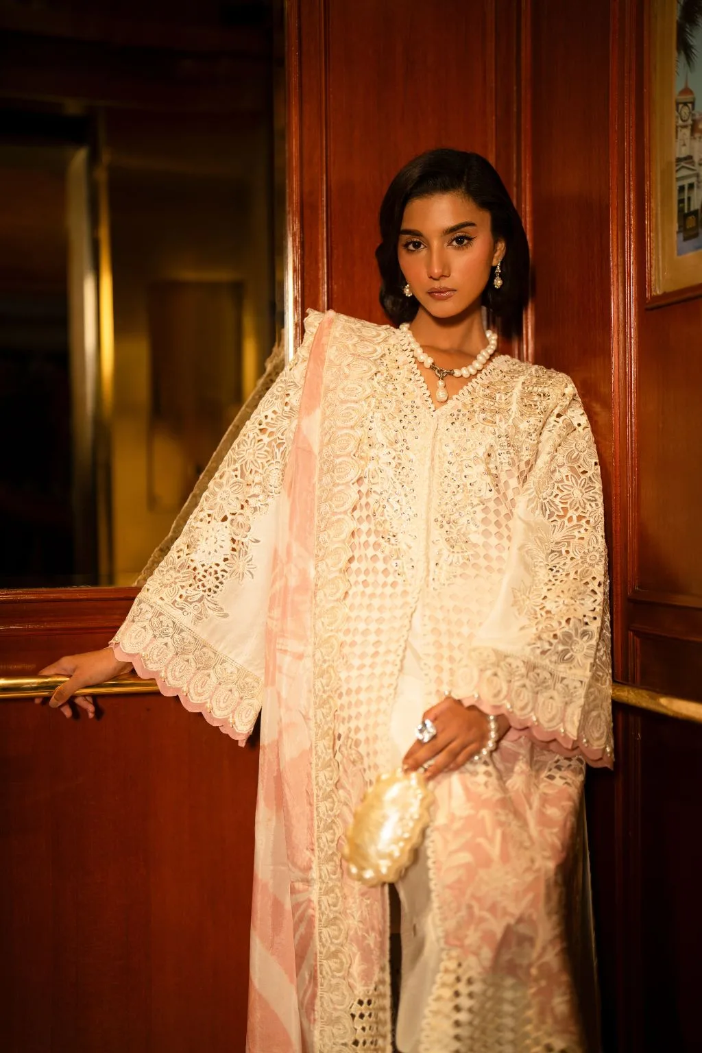 Ivory gold silk three‑piece suit with cutwork embroidery – view 7 – Poshaq