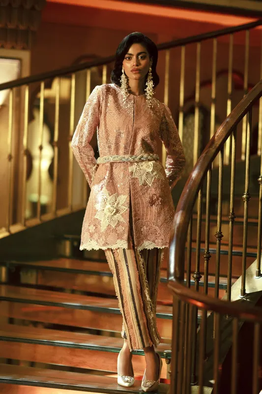 Peach Pink organza dress with cutwork detailing – view 1 – Poshaq