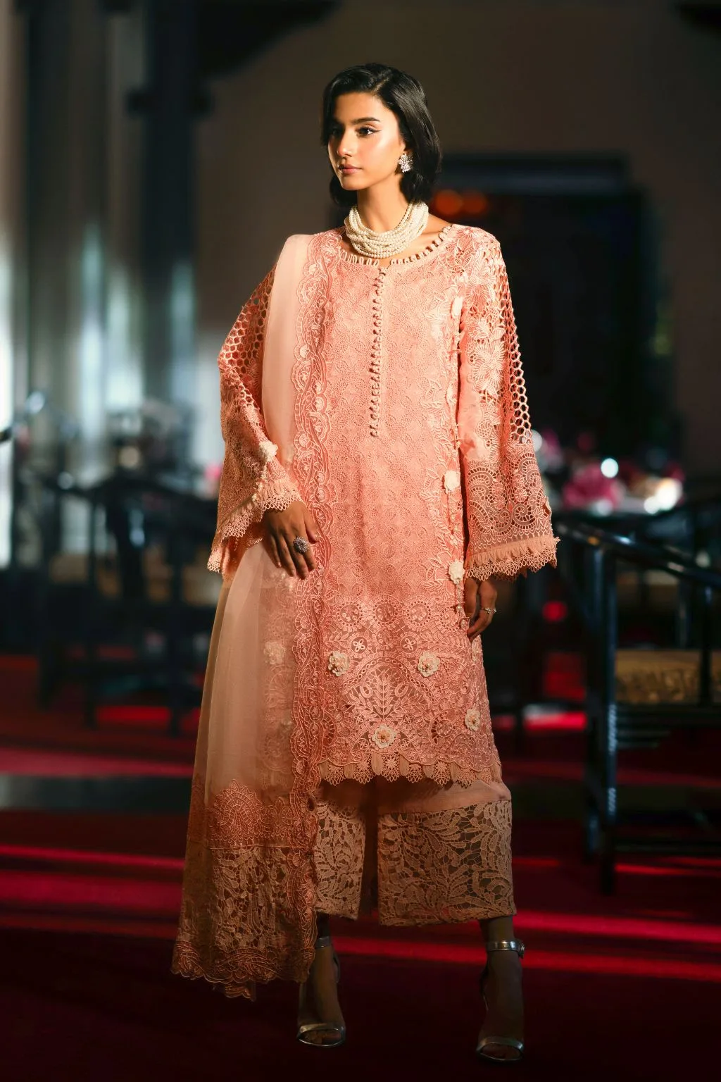 Peach organza three‑piece suit with cut‑work detailing – view 1 – Poshaq