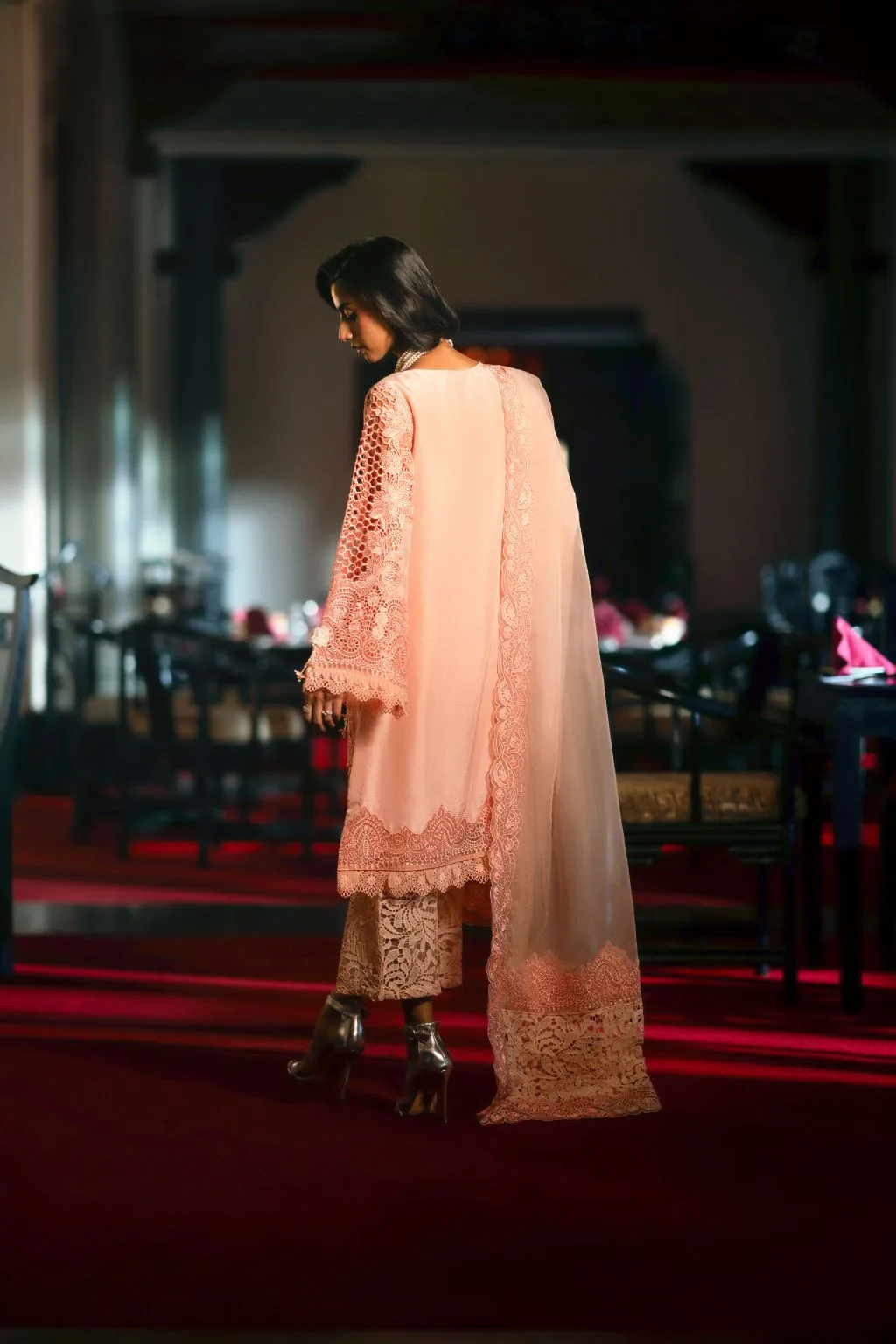 Peach organza three‑piece suit with cut‑work detailing – view 2 – Poshaq