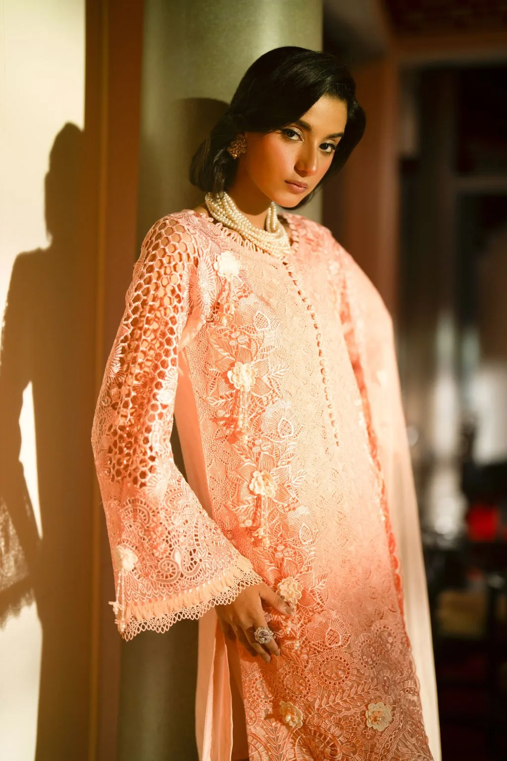 Peach organza three‑piece suit with cut‑work detailing – view 3 – Poshaq