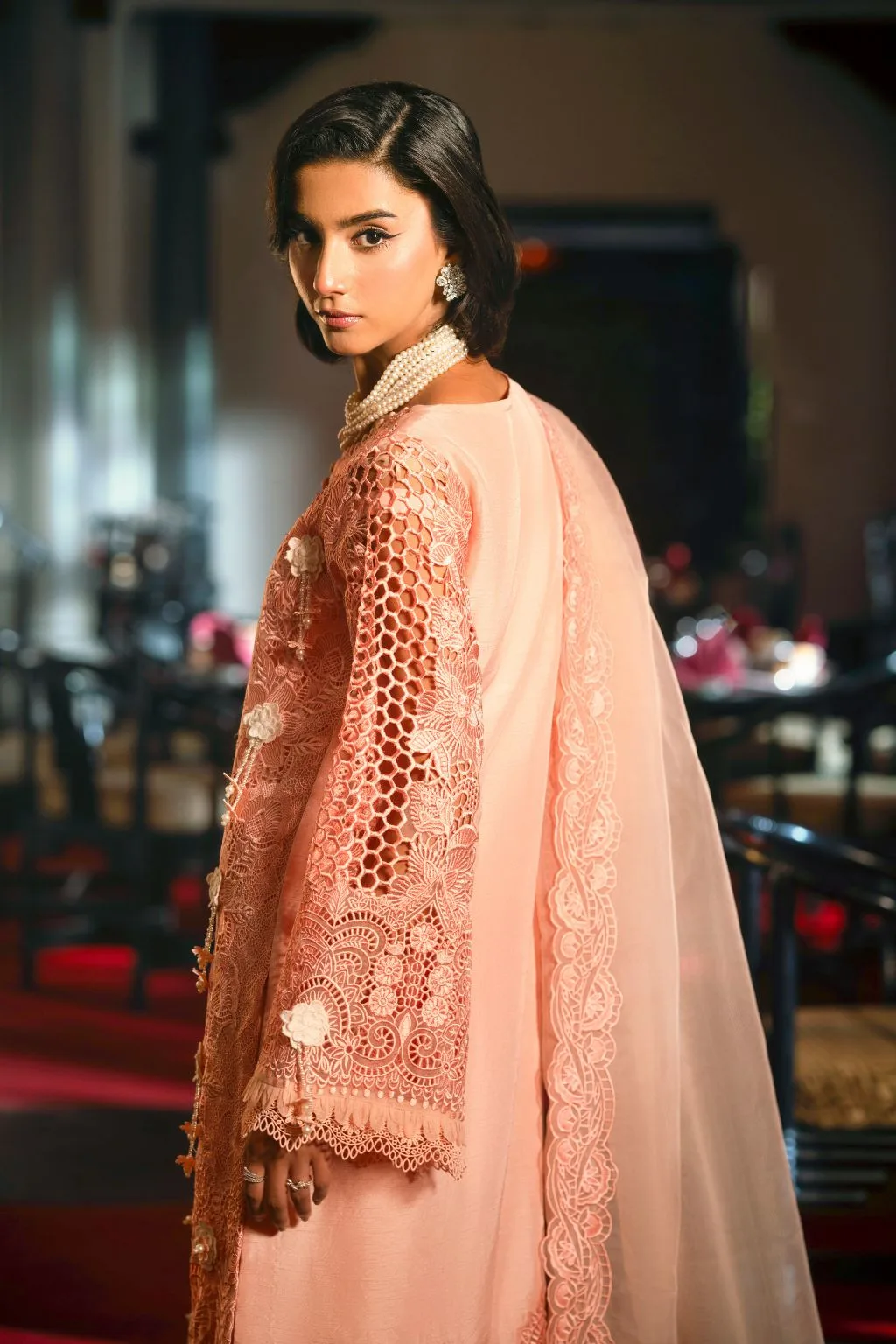 Peach organza three‑piece suit with cut‑work detailing – view 4 – Poshaq