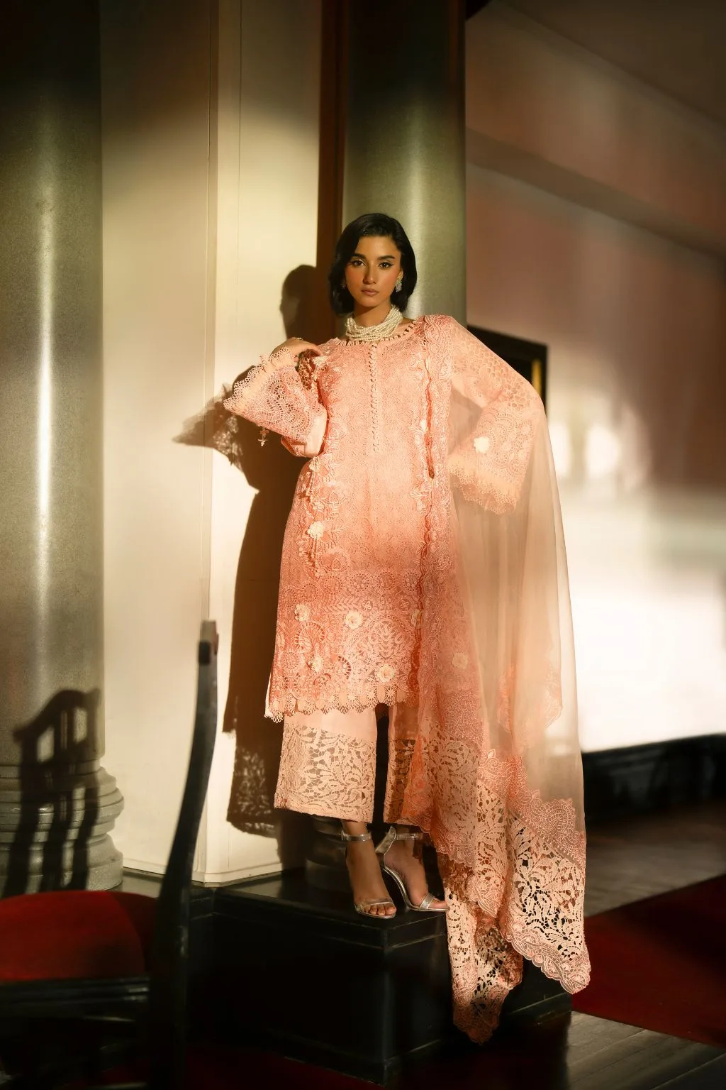 Peach organza three‑piece suit with cut‑work detailing – view 5 – Poshaq
