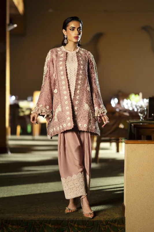 Peach pink organza and silk suit with cutwork jacket and shalwar – view 1 – Poshaq