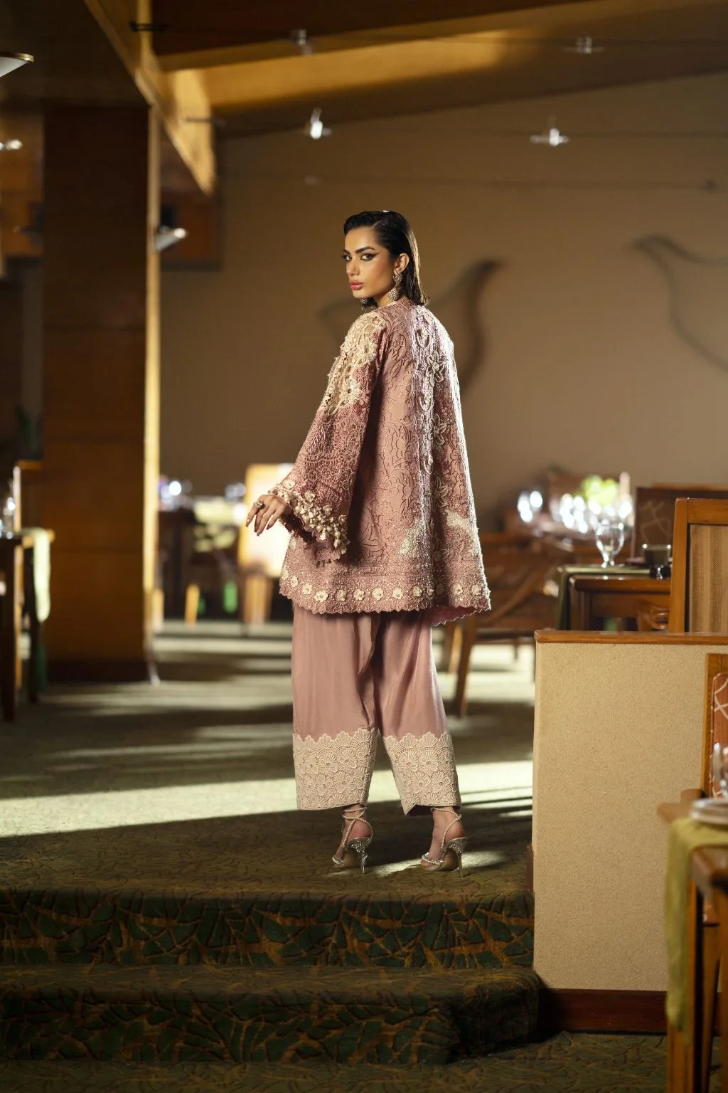 Peach pink organza and silk suit with cutwork jacket and shalwar – view 2 – Poshaq