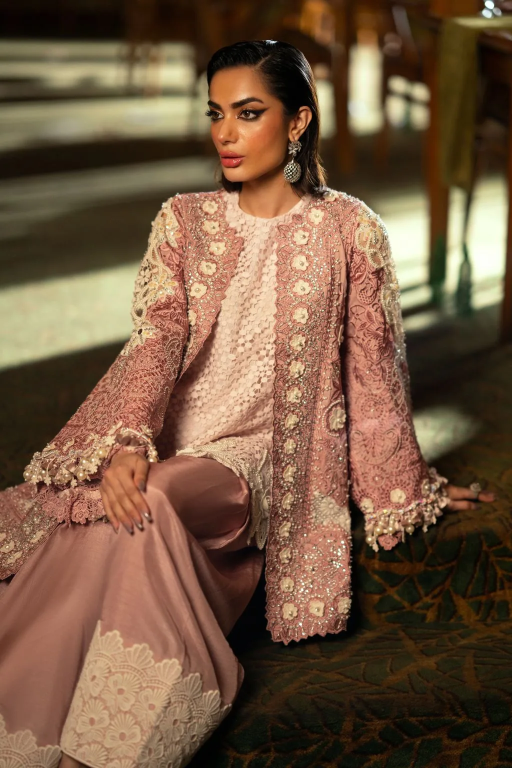 Peach pink organza and silk suit with cutwork jacket and shalwar – view 3 – Poshaq