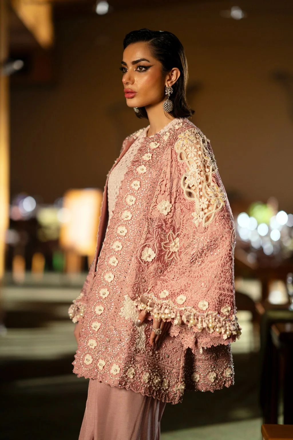 Peach pink organza and silk suit with cutwork jacket and shalwar – view 4 – Poshaq