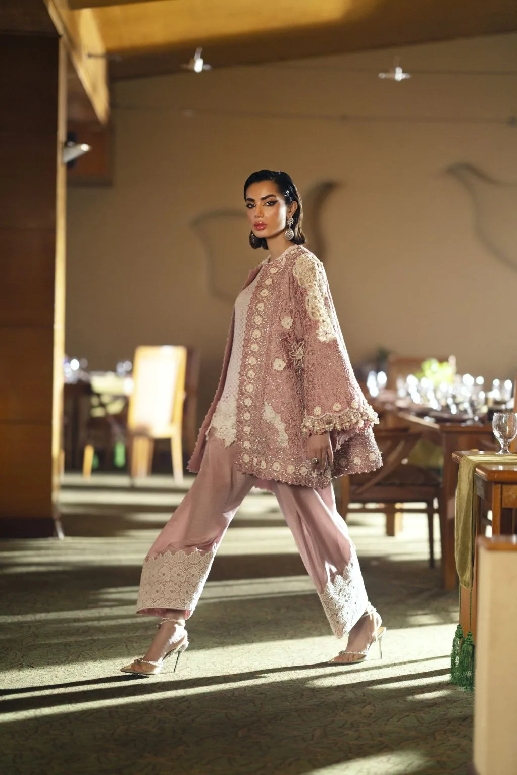 Peach pink organza and silk suit with cutwork jacket and shalwar – view 5 – Poshaq