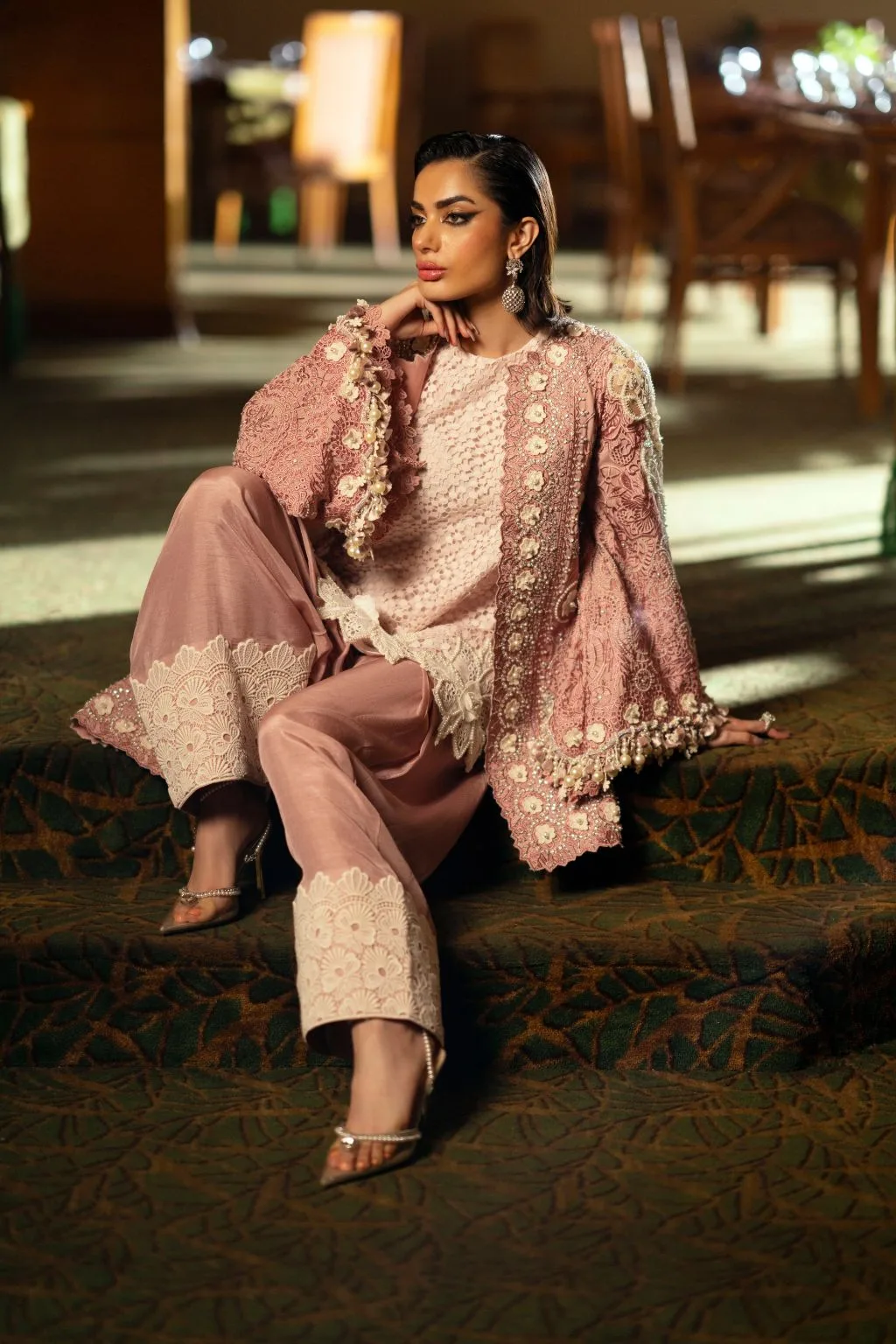Peach pink organza and silk suit with cutwork jacket and shalwar – view 6 – Poshaq