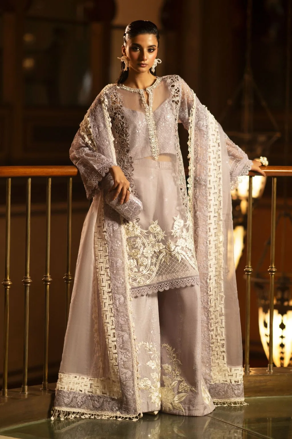 Lilac organza and silk 3‑piece set with cutwork detailing – view 1 – Poshaq