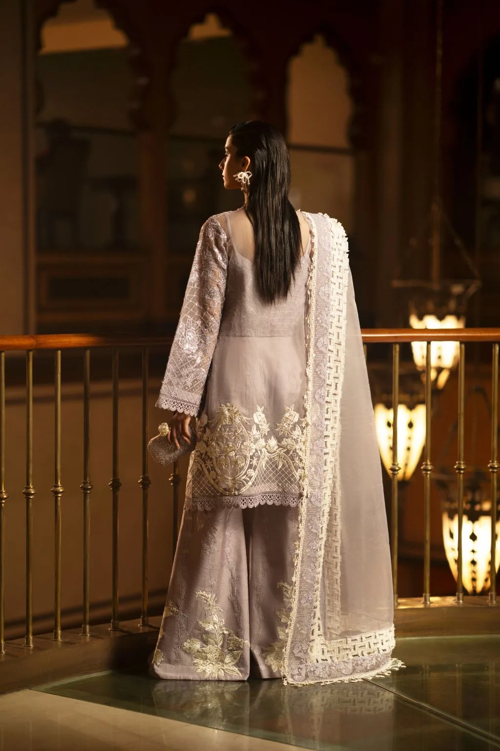 Lilac organza and silk 3‑piece set with cutwork detailing – view 2 – Poshaq