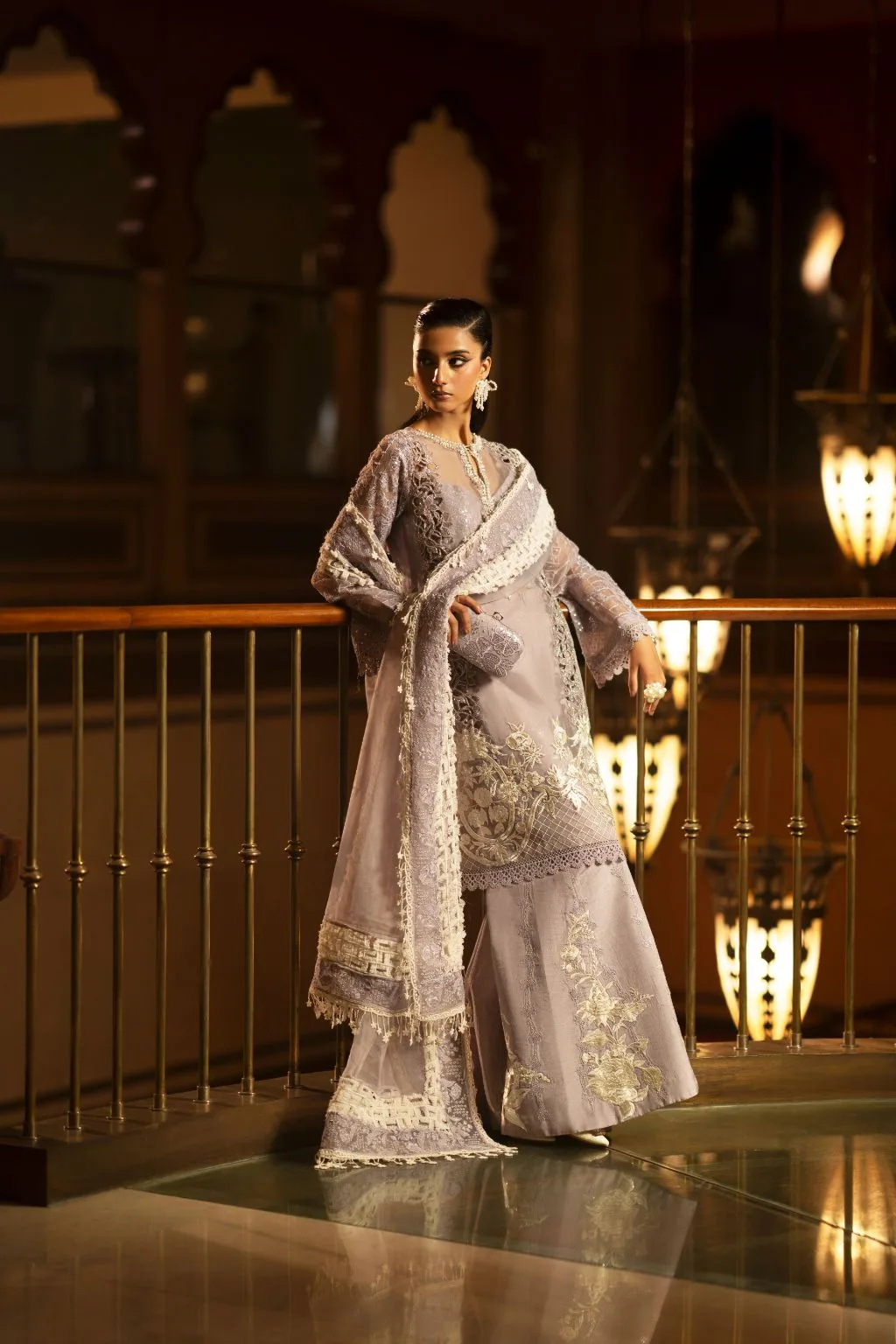 Lilac organza and silk 3‑piece set with cutwork detailing – view 3 – Poshaq