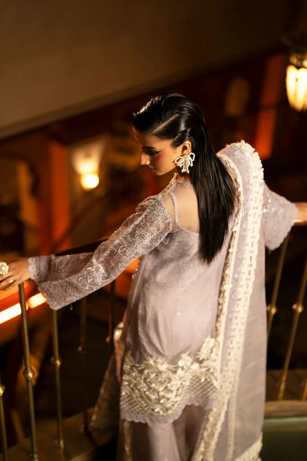 Lilac organza and silk 3‑piece set with cutwork detailing – view 5 – Poshaq