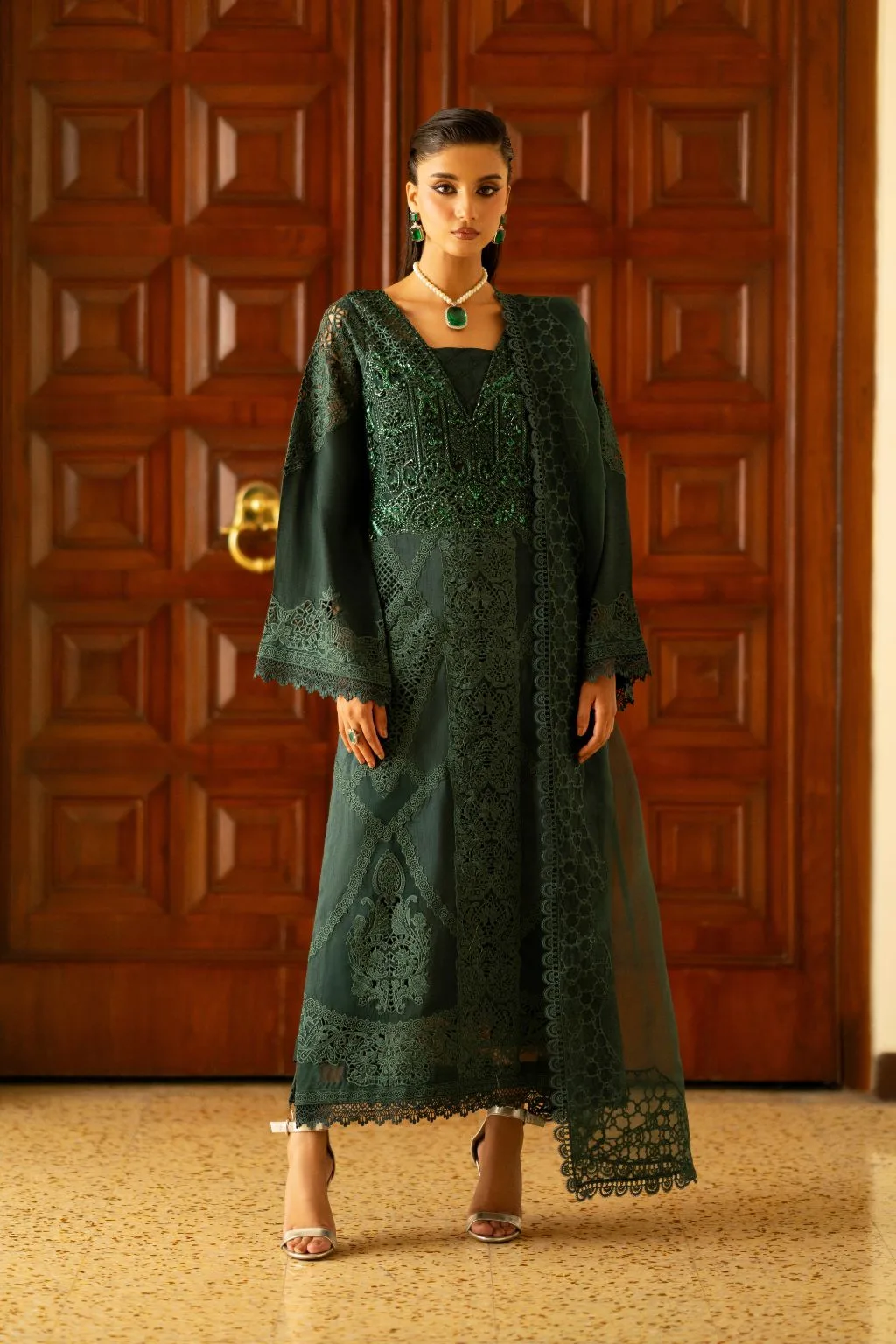 Bottle green silk shirt, trousers and organza dupatta with cutwork detailing – view 1 – Poshaq