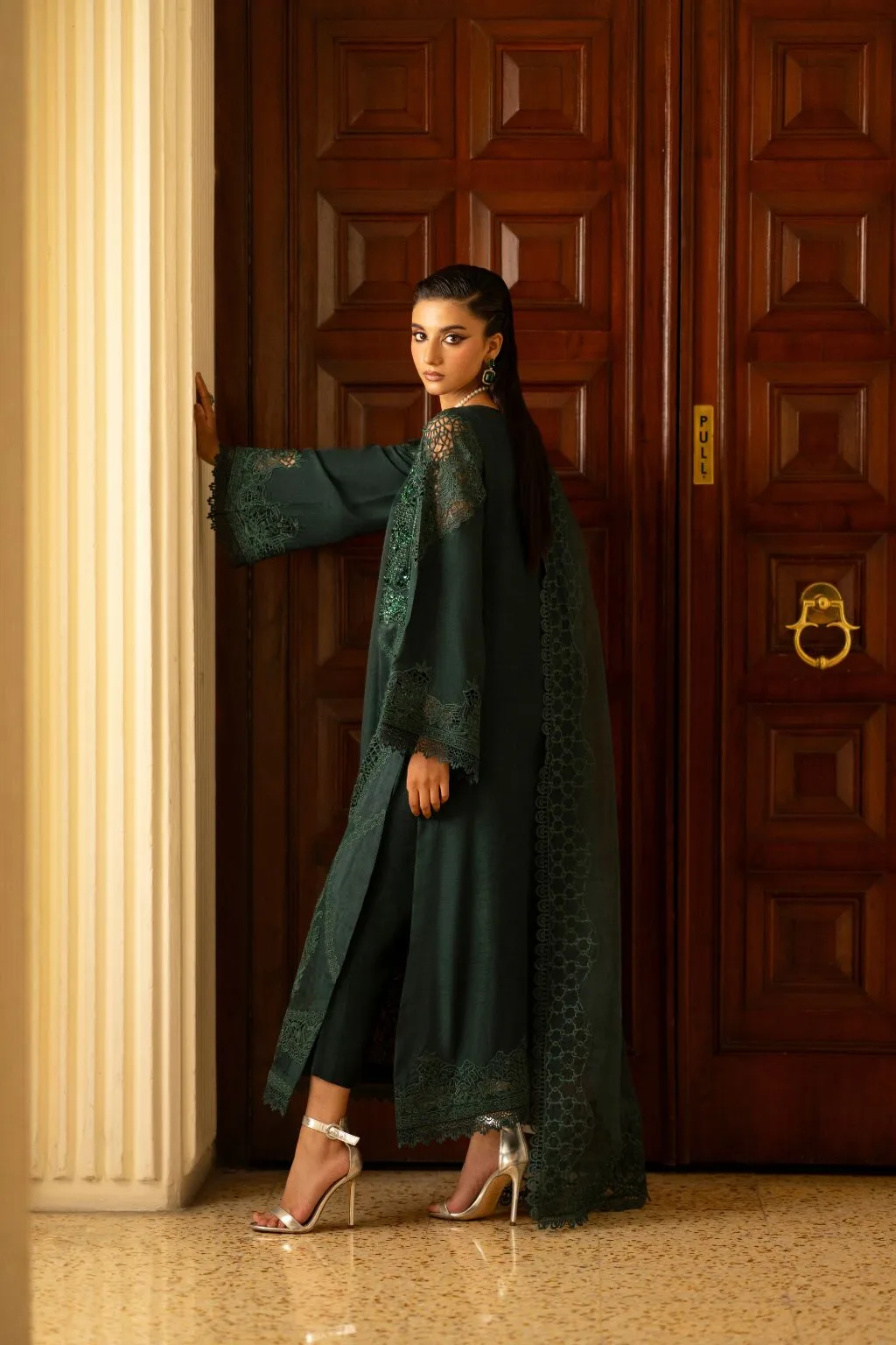 Bottle green silk shirt, trousers and organza dupatta with cutwork detailing – view 5 – Poshaq