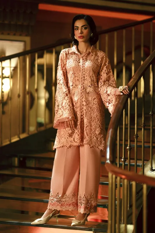 Peach cutwork dress with detailed lace trim – view 1 – Poshaq