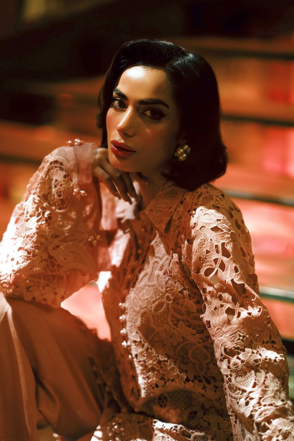 Peach cutwork dress with detailed lace trim – view 3 – Poshaq