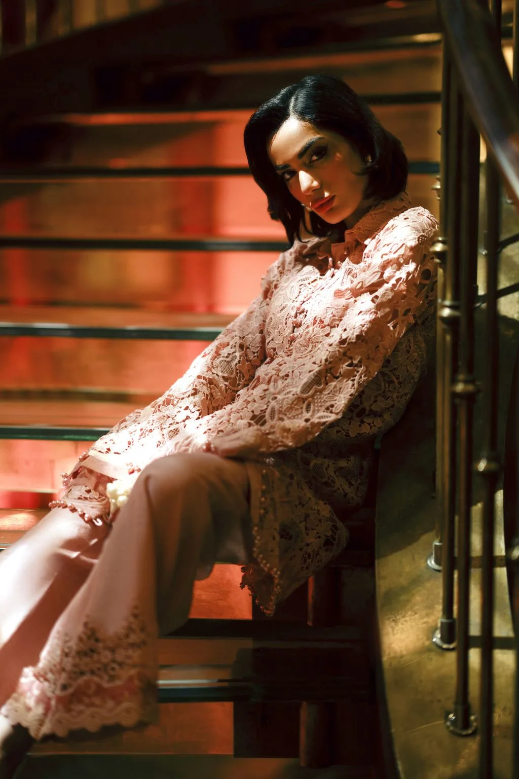 Peach cutwork dress with detailed lace trim – view 4 – Poshaq