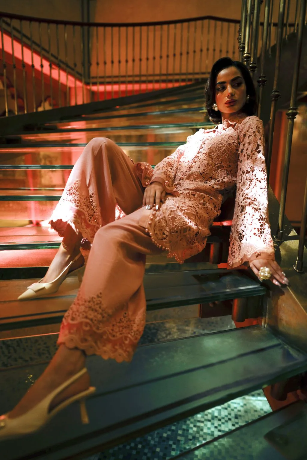 Peach cutwork dress with detailed lace trim – view 5 – Poshaq