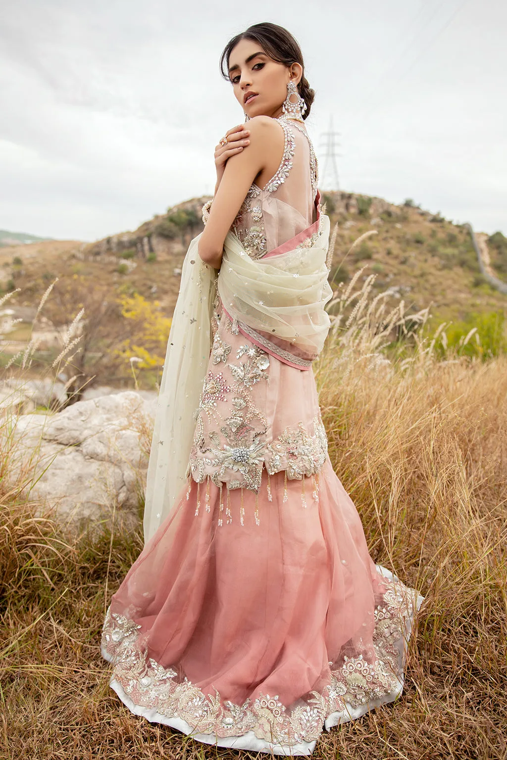 Organza bridal suit with net dupatta and crystal embellishments – view 2 – Poshaq