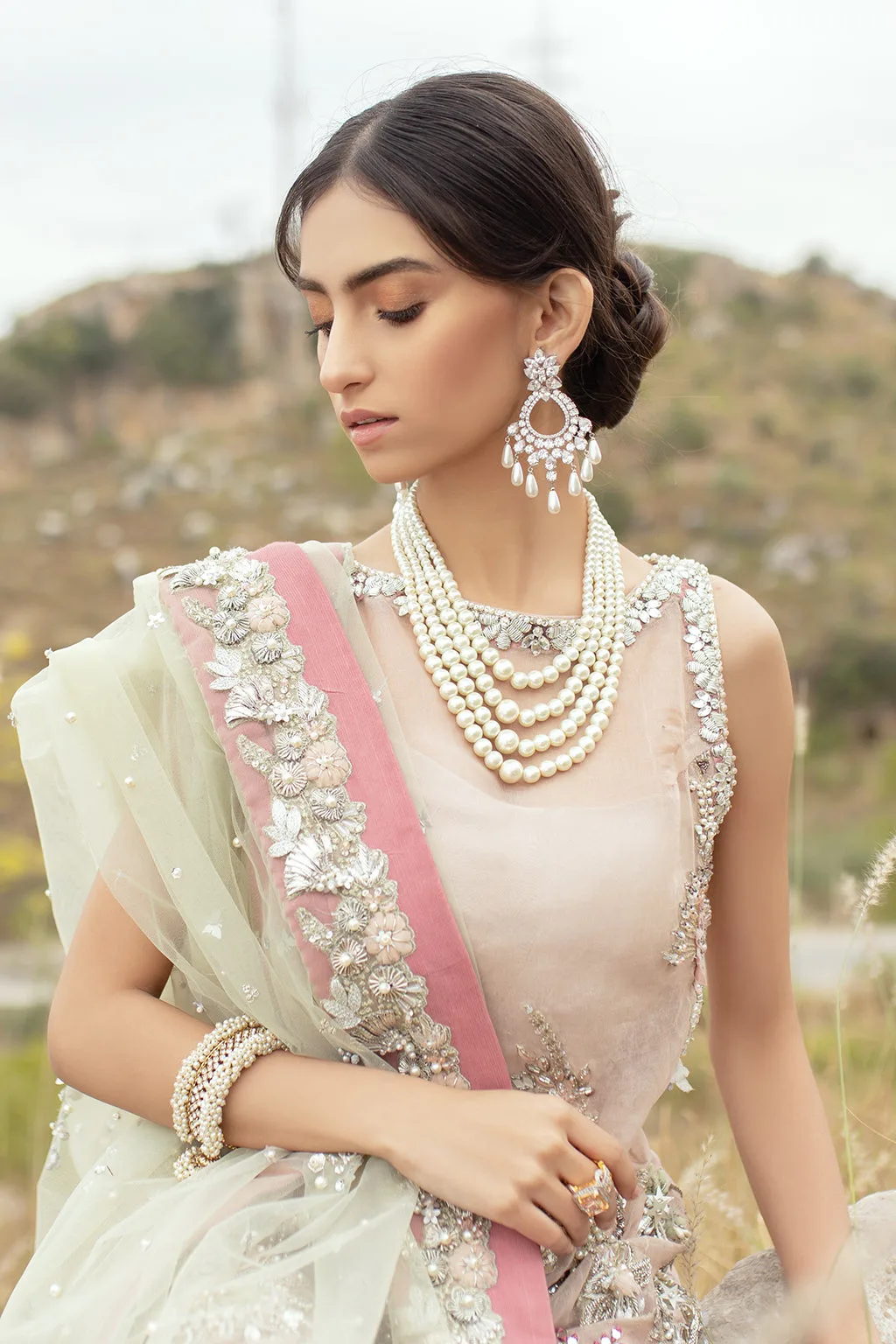 Organza bridal suit with net dupatta and crystal embellishments – view 3 – Poshaq