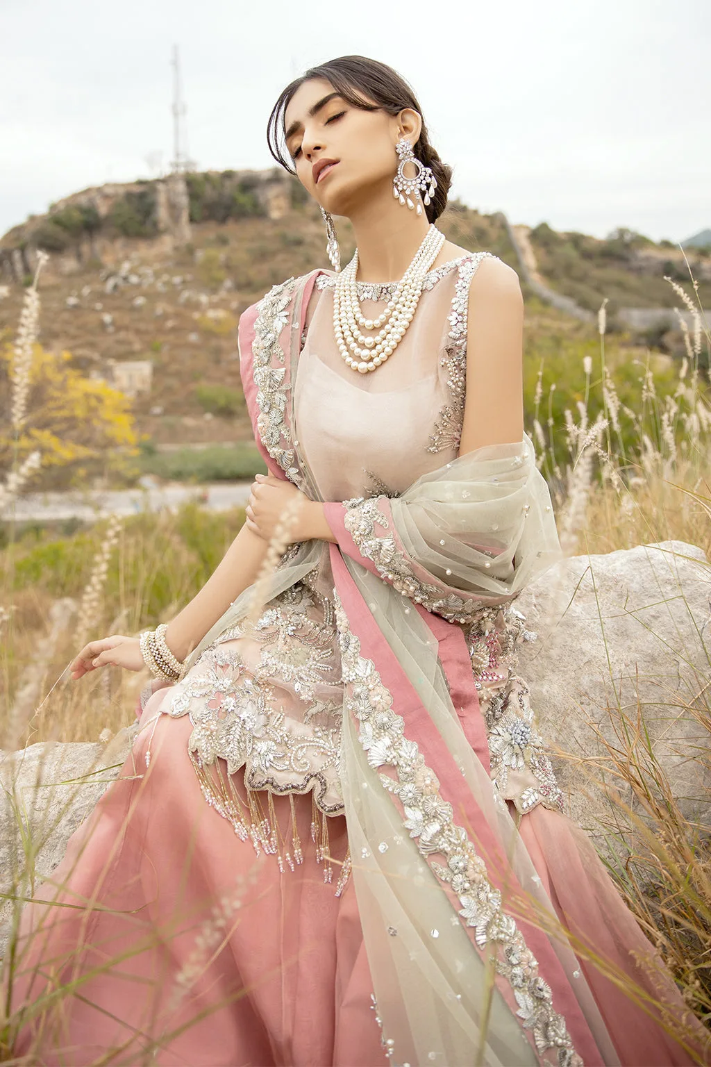 Organza bridal suit with net dupatta and crystal embellishments – view 6 – Poshaq