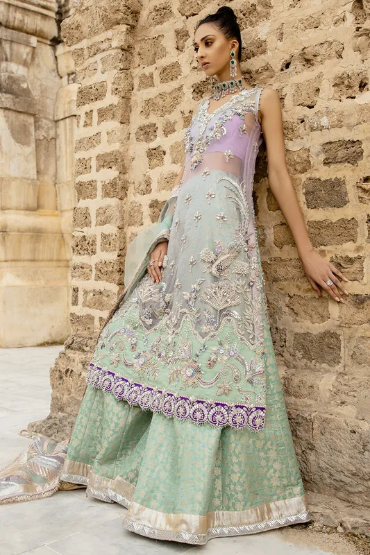 Purple organza bridal shirt with embroidered details, brocade sharara and dupatta – view 1 – Poshaq
