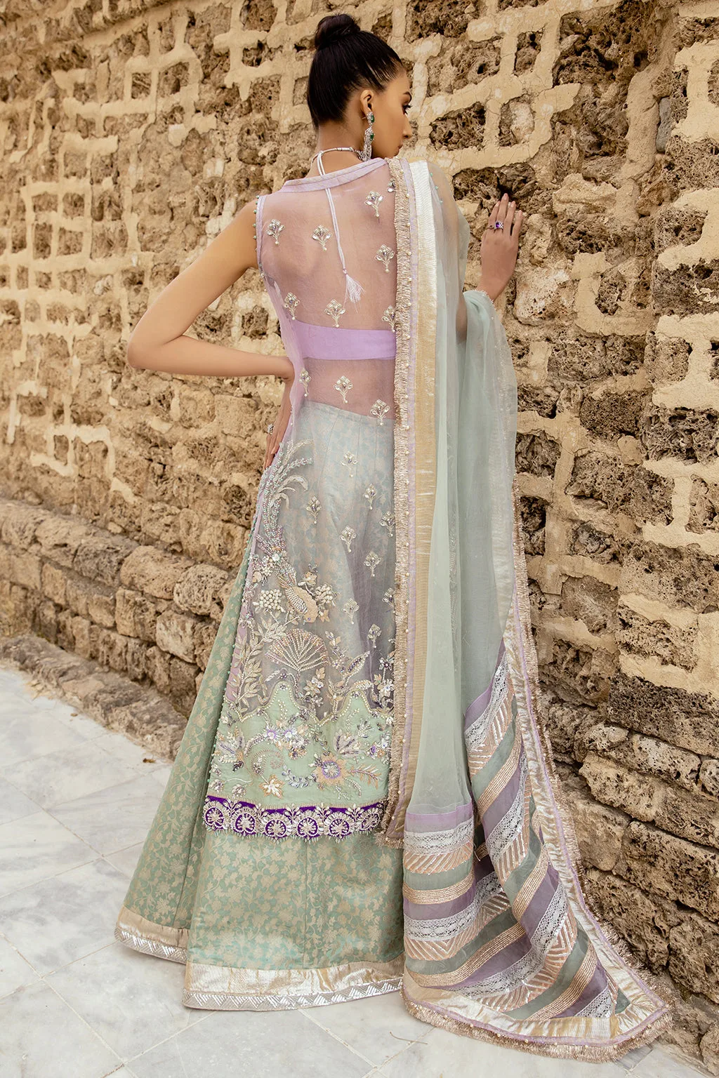 Purple organza bridal shirt with embroidered details, brocade sharara and dupatta – view 2 – Poshaq