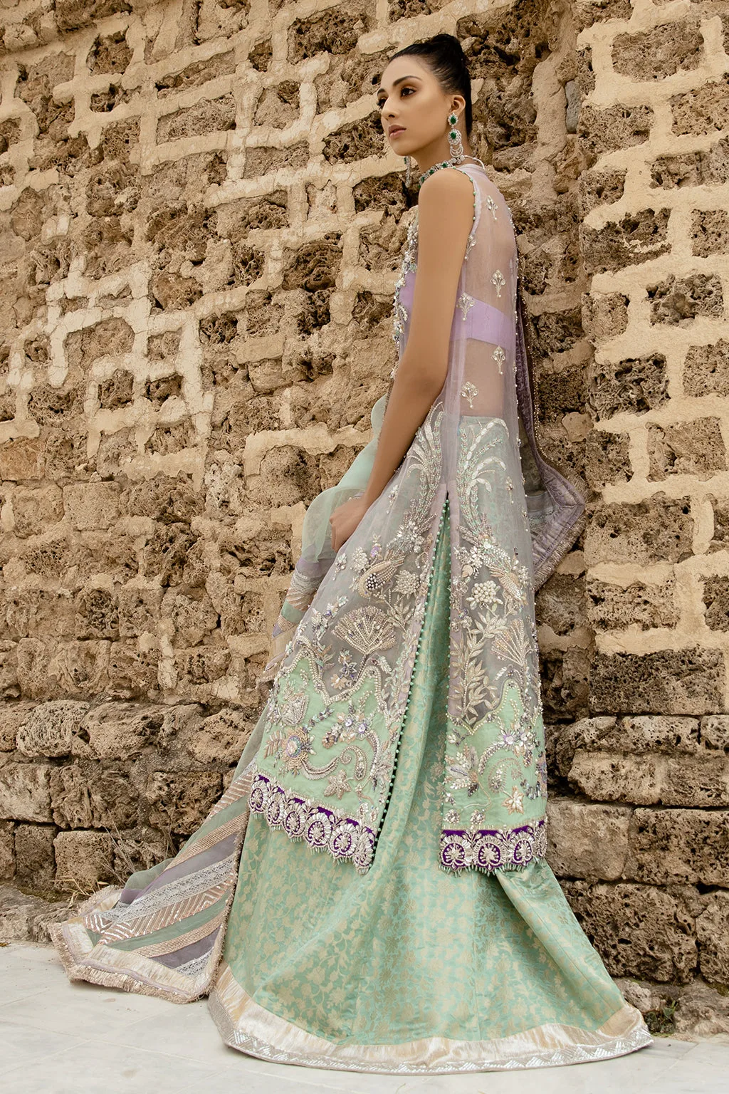 Purple organza bridal shirt with embroidered details, brocade sharara and dupatta – view 3 – Poshaq