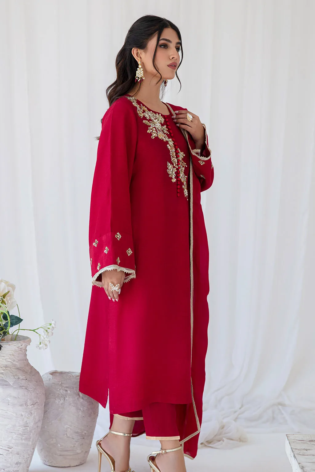 raw silk long shirt with subtle detailing – view 3 – Poshaq