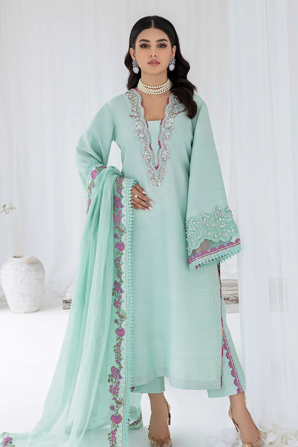 long raw silk shirt with subtle net detailing – view 2 – Poshaq