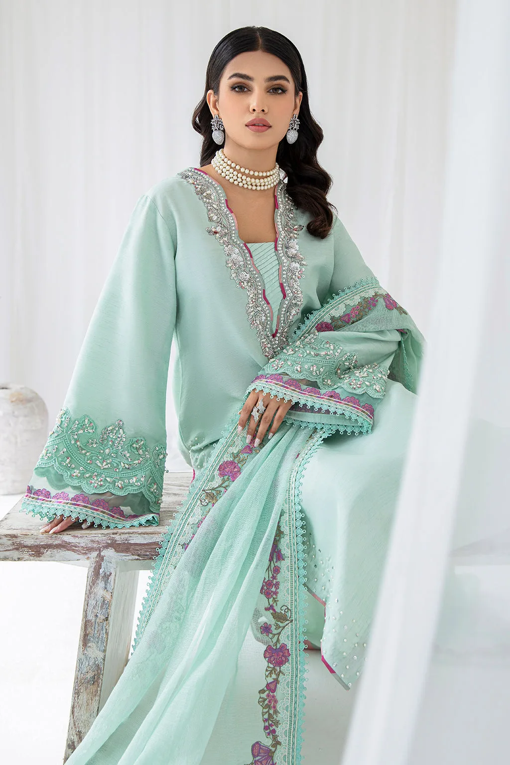 long raw silk shirt with subtle net detailing – view 3 – Poshaq