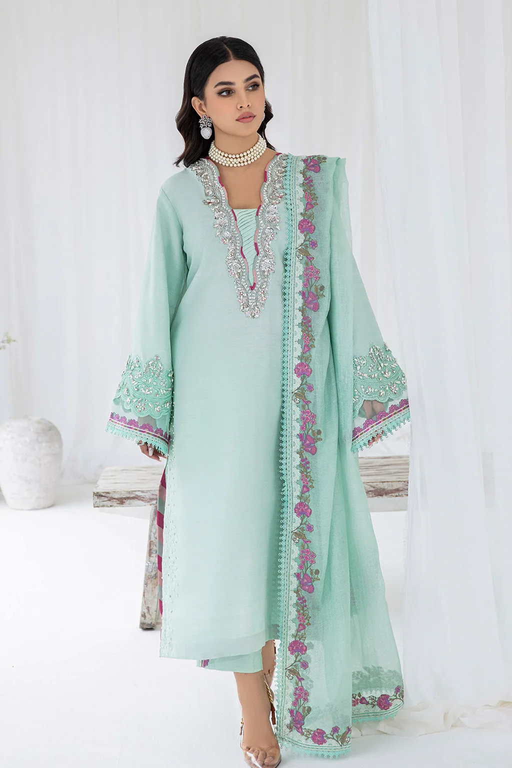 long raw silk shirt with subtle net detailing – view 4 – Poshaq